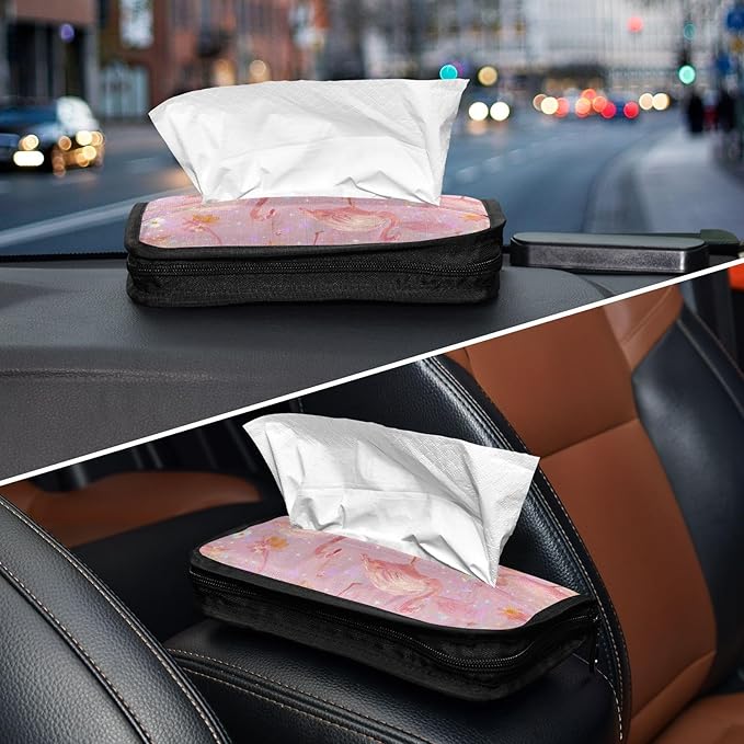 Car Tissue Holder Car Napkin Holder Car Tissue Box Dispenser Storage Case Sun Visor Mask Holder with Adjustable Straps Reusable Refillable Pink Gradient Flamingo and Petals
