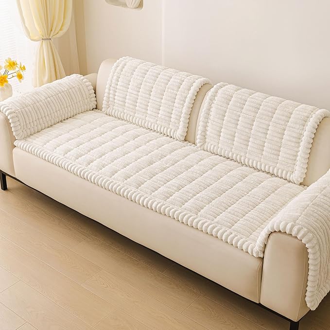 hyha Couch Covers for Dogs Washable, Non Slip Plush Dog Sofa Protectors, Fuzzy Pet Couch Covers for 3 Cushion Sofa Pet Friendly (White, 27.6" x 59")