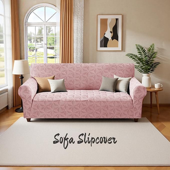 YEMYHOM 1 Piece Stretch Oversized Couch Covers for 4 Seat, Jacquard Extra Large Sofa Cover with Non-Slip Elastic Bottom, Thickened Slipcover Furniture Protector for Dogs Pets (X-Large, Pink)