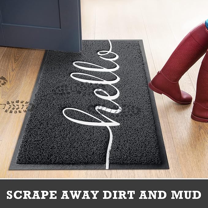 Door Mat Hello Mats Outdoor Indoor Non-Slip Doormat for Entryway Low-Profile Floor Mat for Yard, Garage, High Traffic Areas (30"x17.5", Black)