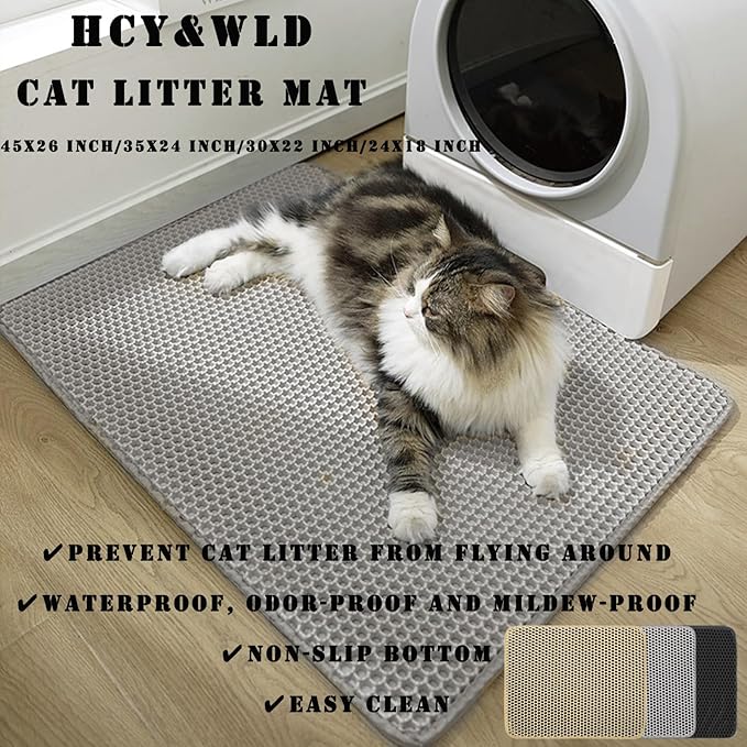 HCY&WLD Cat Litter Mat, 45x26 Inch Extra Large&Long Double Layer Cat Litter Box Mat, EVA Non-Slip, Waterproof Urine Proof Litter Trapping Mat, Easy Clean Scatter Control (45x26 Inch, Gray)