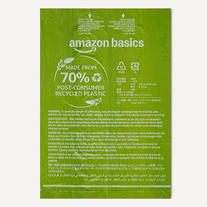 Amazon Basics Dog Poop Bags Rolls, 70% Recycled Plastic Waste Bags for Poop, Leak-Proof, 13 x 9 in., 300-Pack
