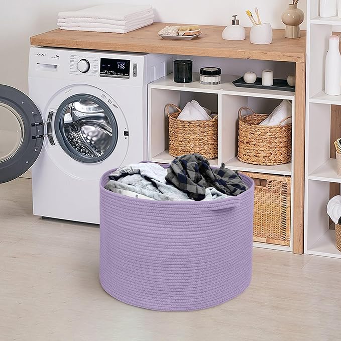 Purple Rope Storage Basket, 22" X 14" Large Woven Baskets, Jumbo Floor Bin for Throw Blankets Pillows, Baby Laundry Basket, Dirty Clothes Organizer, Big Storage Bin for Toys, Towels