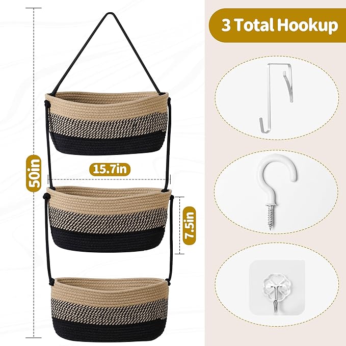 Over The Door Organizer Hanging Basket for Nursery Decor Stuffed Animal Storage Baskets Boho Wall Decor Basket for Bathroom Bedroom Playroom - Black&Beige