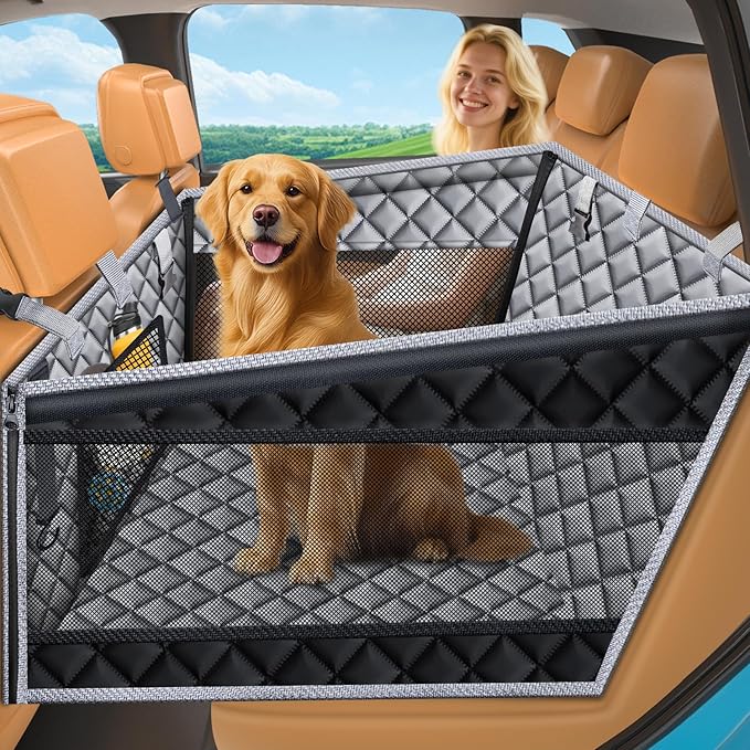 URPOWER Hard Bottom Dog Seat Cover with Mesh Window Waterproof Dog Car Seat Cover Nonslip Pet Backseat Protector for Fur & Mud, Washable Dogs Hammock for Cars Trucks and SUV
