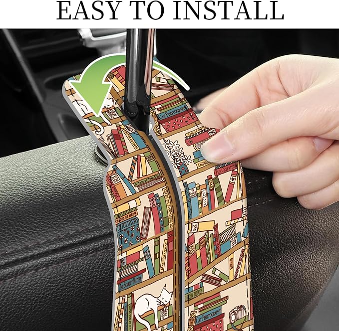 PU Leather Car Seat Hook, Storage Headrest Hanger, Cute Car Backseat Organizer, Car Hooks For Purses and Bags Vintage Bookshelf Pattern