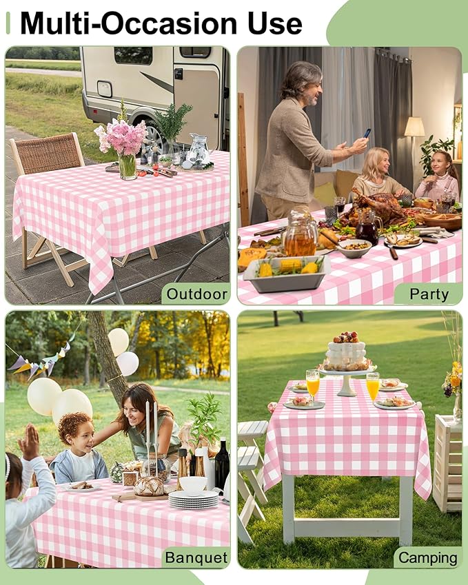 Smiry 8 Packs Gingham Disposable Table Cloth, 54 x 108 Inch Waterproof Plastic Tablecloth, Rectangle Pink and White Checkered Table Covers for Party, Birthday, Picnic, Valentines