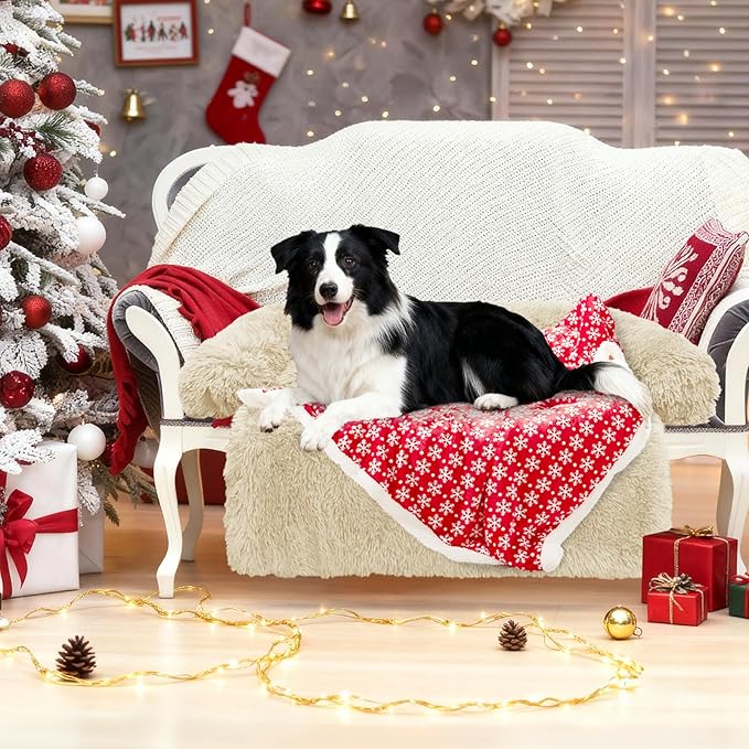 GGIB Calming Dog Bed Christmas Throw Blanket Fluffy Plush Dog Mat for Furniture Protector Decoration Holiday Throw for Sofa Couch Cover for Large Medium Small Dogs Cats (Medium, Beige)