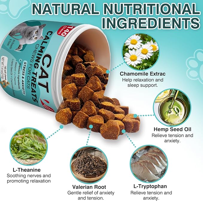 Cat Calming Treats, 140 Soft Chews to Relieve Anxiety, Stress & Prevent Bites, Perfect for Travel & Veterinary Visits, Soothing Calming Care for Indoor Cats Chicken Flavor 7.41 OZ