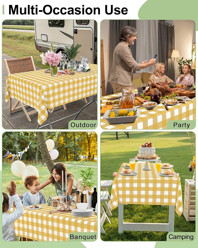 Smiry 8 Packs Gingham Disposable Table Cloth, 54 x 108 Inch Waterproof Plastic Tablecloth, Rectangle Gold and White CheckeGold Table Covers for Party, Birthday, Picnic, Banquet