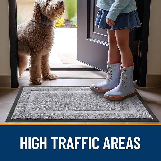 OLANLY Front Door Mat Indoor Outdoor Entrance, Waterproof All-Season, All-Weather Doormat, Sturdy Natural Rubber, Low Profile, Easy Clean Patio Porch Entryway Mat, 59x23, Silver Gray