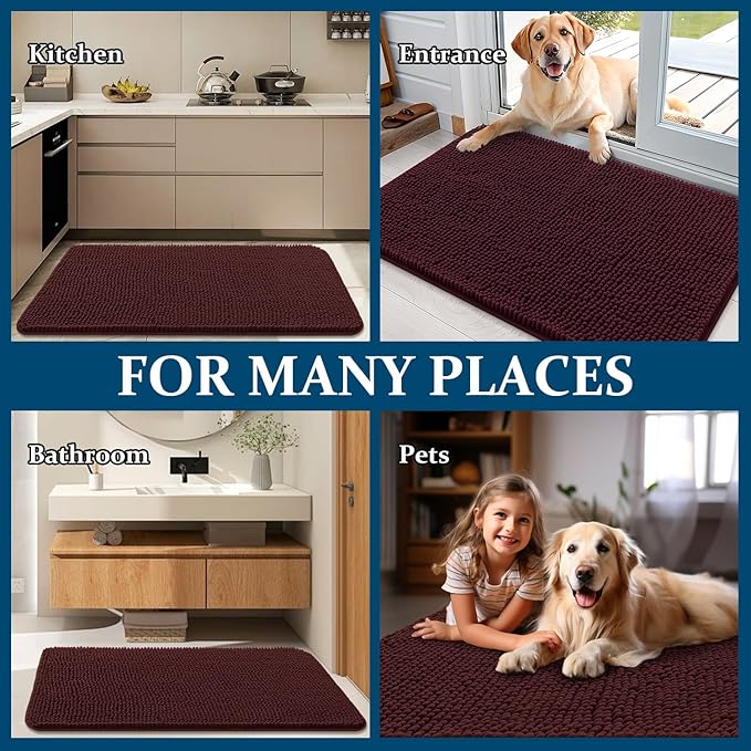 OLANLY Dog Door Mat for Muddy Paws 54x24, Absorbs Moisture and Dirt, Absorbent Non-Slip Washable Doormat, Quick Dry Chenille Mud Mat for Dogs, Entry Indoor Entryway Carpet for Inside Floor, Russet