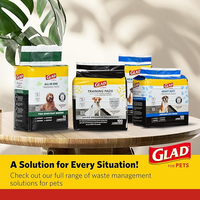 Glad for Pets Black Charcoal Puppy Pads, 23 x 23 Inch, 6-Layer Leak-Resistant Design, Activated Carbon Odor Control, Pheromone Attractant for Potty Training, 14 Count - 2 Pack