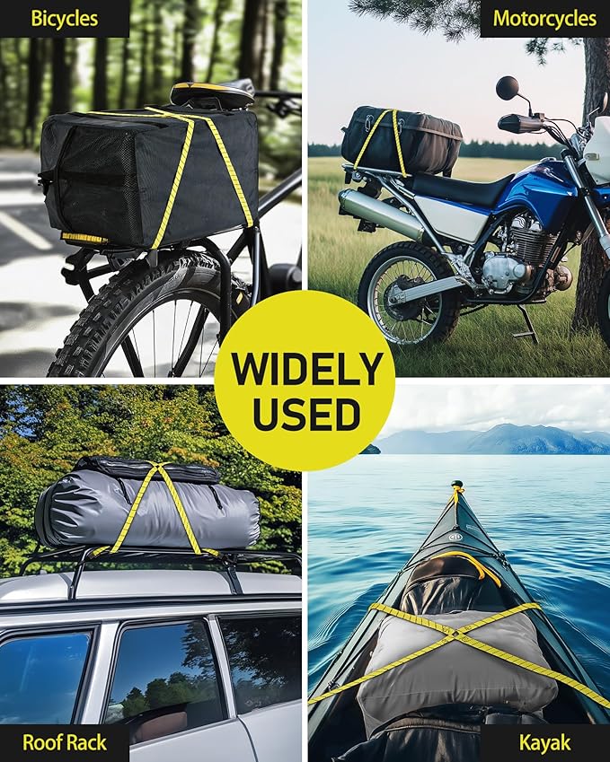 4 Pack 4 Way Flat Adjustable Bungee Cords with Hooks, Easy to Adjust The 4 Sides Length, Lucky Straps 30 Inch Black/Yellow Heavy Duty Tack Strap for Bike, Motorcycle, Roof Rack, Kayak, Cargo, etc