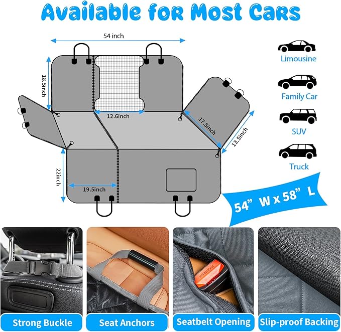 URPOWER 6-in-1 Dog Car Seat Cover for Back Seat, Waterproof Dog Car Hammock with Mesh Window & Side Flap, Pet Backseat Protector for Car, SUV, Truck