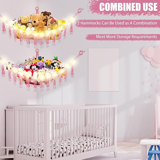 CERETIA Stuffed Animal Hammock with LED Light, Large Stuffed Animals Storage Corner Plushie Net for Kids Room Decor, 2 Packs Pink