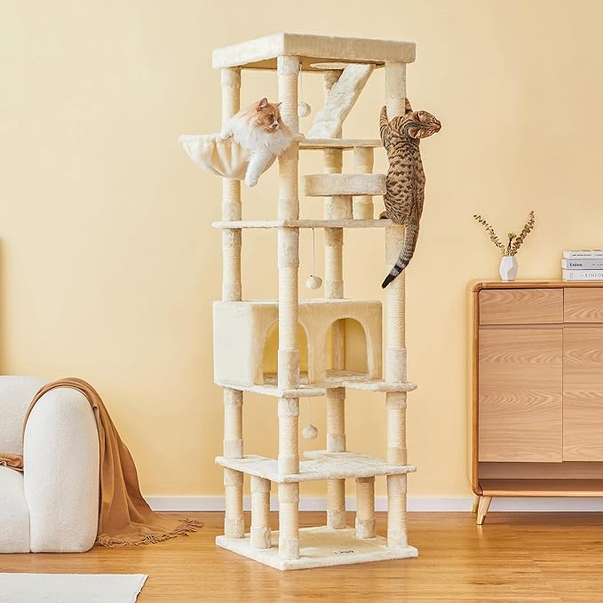 MWPO 74.8 inches Large Cat Tree with Sisal-Covered Scratching Posts & Condo, Tall Cat Tower Entertainment Playground Furniture for Cats & Kittens - Multiple Colors-Beige