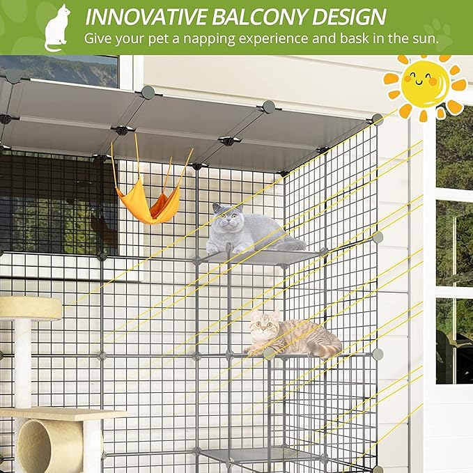 Oneluck Outdoor Cat House Cages Enclosure with Super Large Enter Door, 55L x 41W x69H Balcony Playpen with Platforms, DIY Kennels Crate Large Exercise Place Ideal for 1-3 Cats (Without Platform)