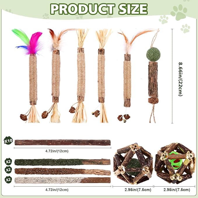 WOUSEDO Catnip Chew Toys for Cats, 24 Pack Cat Toys with Silvervine Sticks, Natural Silvervine Stick Cage Balls & Bell Balls for Indoor Cats