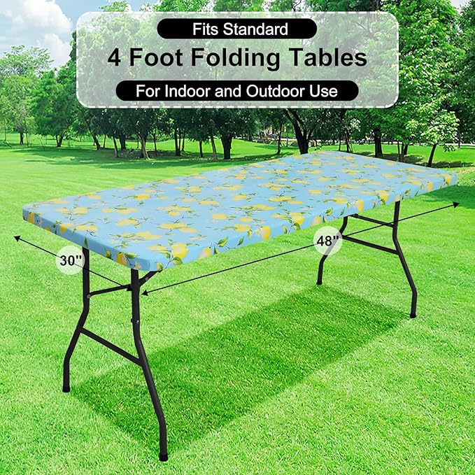 misaya Rectangle Vinyl Tablecloth, Fitted Table Cover, 100% Waterproof, Elastic Edge, Flannel Backing, Plastic Table Cloth Fit 4 Foot Folding Tables for Picnic, Camping, Outdoor (Lemon, 30x48 inch)