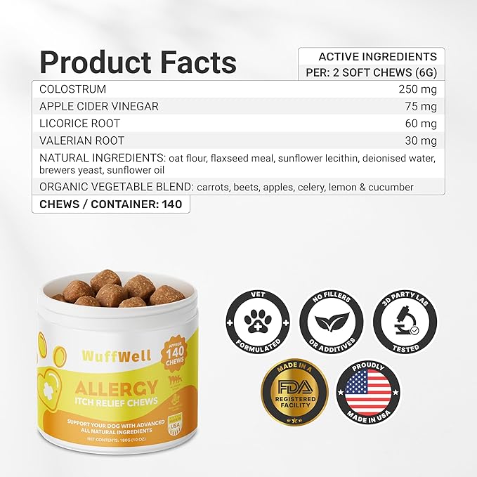 Dog Allergy Chews – Supports Immune System & Dog Itching Skin Relief – Advanced All Natural Ingredients & Soft Chews for Dog's Skin Irritation – Made in USA – 140 Count