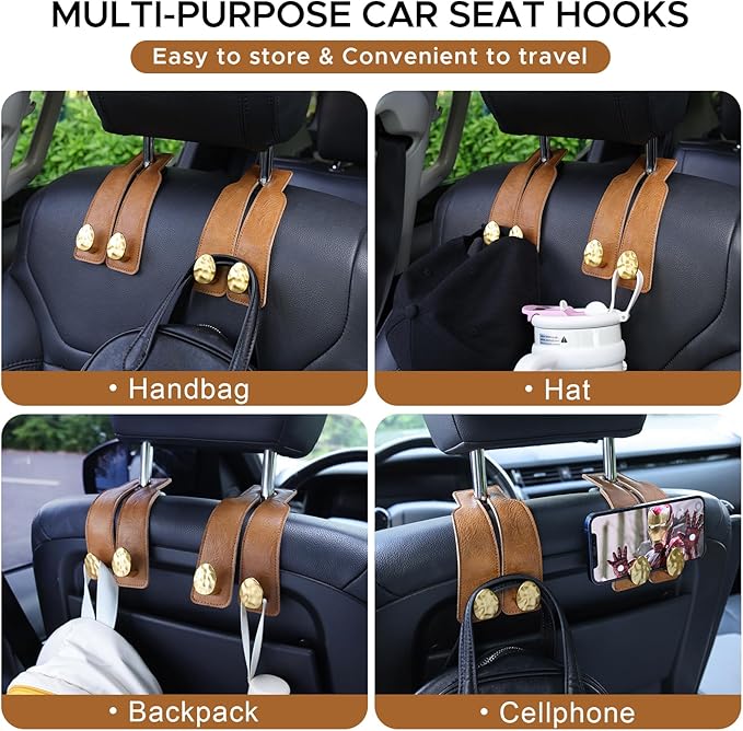2PCS Leather Car Seat Hooks for Headrest, Vehicle Hanger Storage Organizer Universal for Handbag Purse, Car Accessories Gift (Brown-Gold)