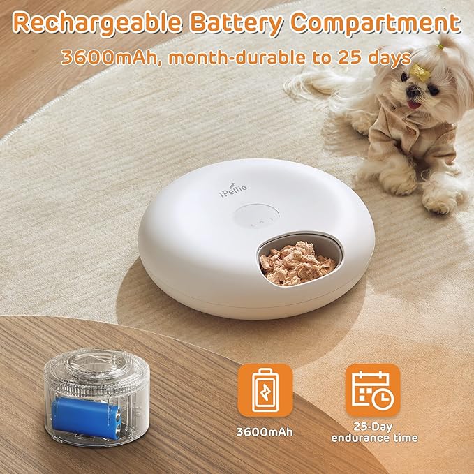 iPettie Donut Frost 6 Meal Cordless Automatic Pet Feeder, Dry & Wet Food Automatic Cat Feeder with Two Ice Packs, Rechargeable Massive Battery, Programmable Timer, Holds 6 x ½ lb. of Food