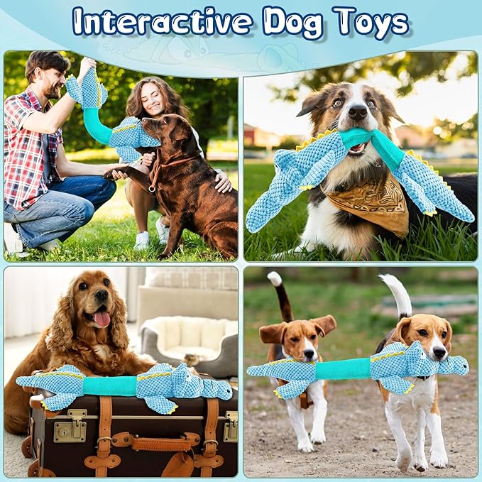 Interactive Tug of War Dog Toys for Small to Large Breeds-Squeaky Plush Puppy Toys with Crinkle Paper, Stuffed Chew Dog Toys to Keep Them Busy, Training Reward Gift (Blue)