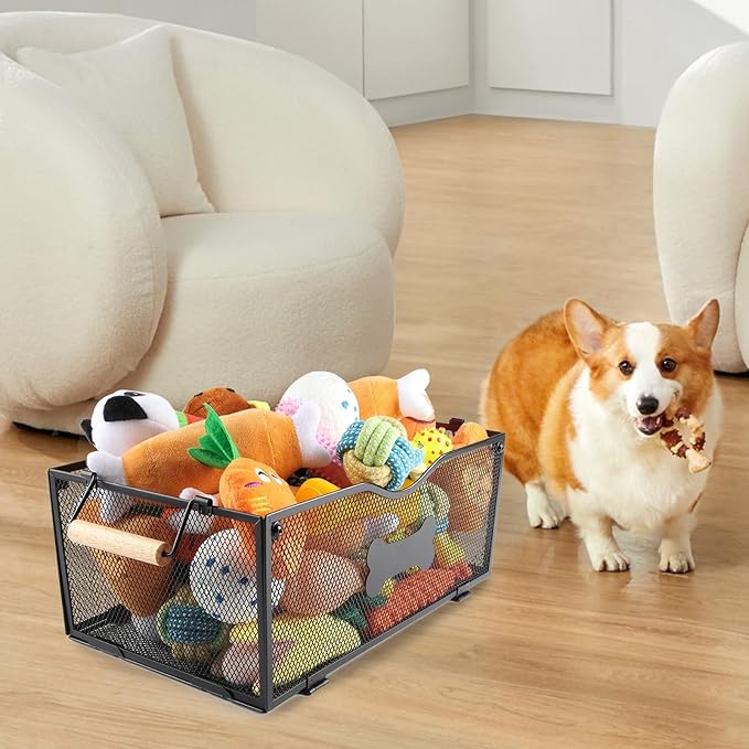 Metal Dog Toy Basket Medium,Mesh Wire Baskets for Pet Toy,Collapsible Cat Toy Bin with Wooden Handles,Dog Storage Organizer,Ideal for Dog Cat Accessories-Easy Assemble