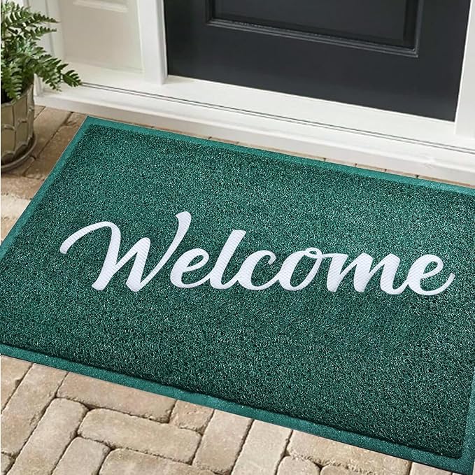 T.HENV Welcome Mat Outdoor Indoor, 36x24, Green-White, Waterproof, Non Slip, Easy Clean