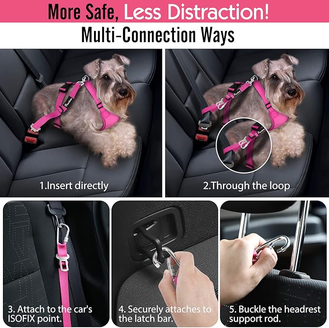 Pawaboo Adjustable Dog Safety Vest Harness with Seatbelt, Dog Seat Belt Harness for Car with Vehicle Connector Strap, Breathable Dog Seatbelt Safety Tether for Small Medium Large Pet, Small, Rose Red