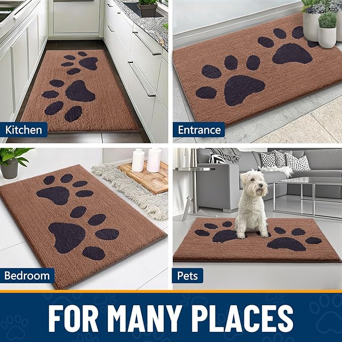 Smiry Dog Door Mat for Muddy Paws, Absorbs Moisture and Dirt, Low-Profile Entryway Mat with Non-Slip Backing, Entry Indoor Outdoor Doormat for Inside Floor (47x24 Inches, Camel and Black, Paw)