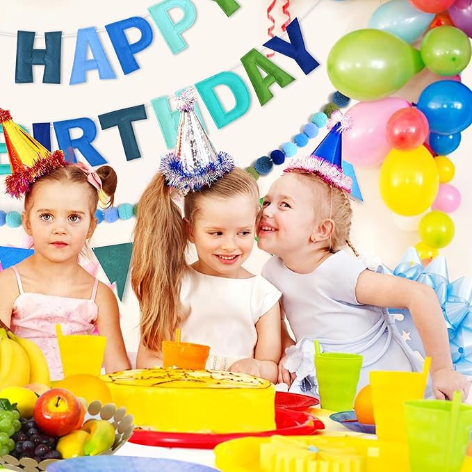 CANREVEL Pre-Strung 3D Happy Birthday Banner, 3 PCS Blue Felt Garland, Pom Pom Garland, Triangle Fabric Bunting, Reusable Blue Birthday Decorations for Boys Men
