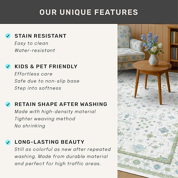 Green Area Rugs 9x12 Living Room - Washable Oriental Geometric, Extra Large for Bedroom Non Slip Soft Faux Wool Carpet for Dining Room Playroom, Lounge - Blue and Green Floral Rug