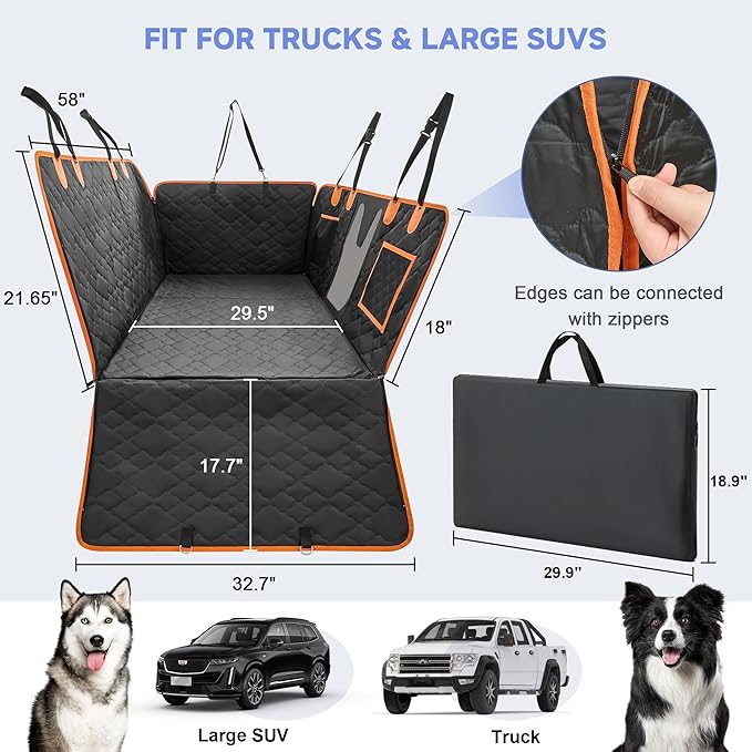 Dog Car Seat Cover for Back Seat - Hard Bottom Extender Holds up to 400 lbs, Waterproof Protector with Mesh Window, Dog Hammock for Full-Size Trucks & SUVs