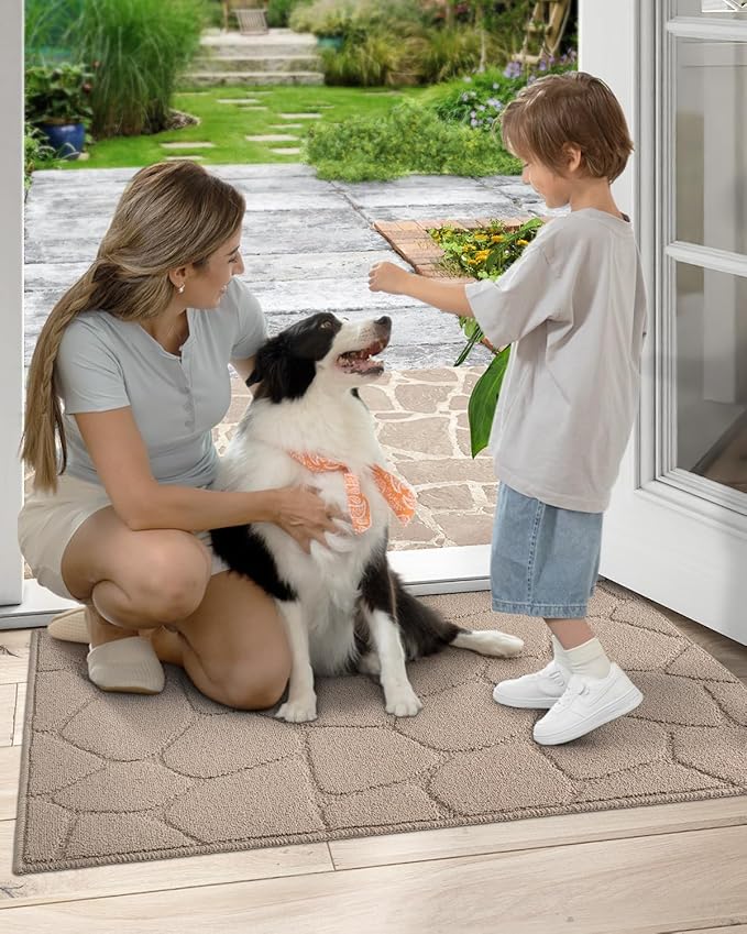 DEXI Front Door Entryway Mat Non Slip, 2x3 ft Washable Inside Entrance for House Floor Low Profile, Thin Entry Doormat Absorbent Dirt Trapper, Pebble Beige