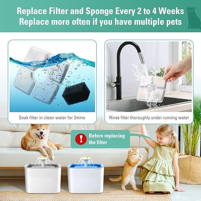 4 Pack Replacement Filters & 4 Pack Pre-filter Sponges for 84oz/2.5L Automatic Pet Fountain, BFLICROY Cat Water Fountain Filter, Triple Filtration Pet Fountain Replacement Filters