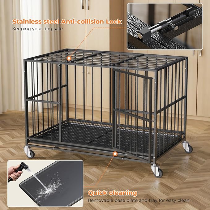 48 in Heavy Duty Dog Crate Steel Escape Proof, Indoor Double Doors and Lockable Wheels,Removable Tray, for Extra Dog Breeds,XL,XXL