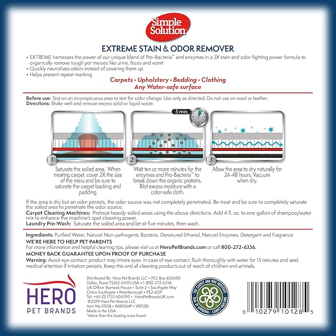 Simple Solution Extreme Pet Stain and Odor Eliminator Spray for Dogs and Cats, Dog Urine Remover, Enzymatic Cleaner, Kitten & Puppy Essentials Pee & Poop Stain Remover for Carpets & Floors, 1 Gallon