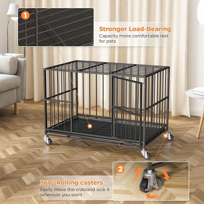 48 in Heavy Duty Dog Crate Steel Escape Proof, Indoor Double Doors and Lockable Wheels,Removable Tray, for Extra Dog Breeds,XL,XXL