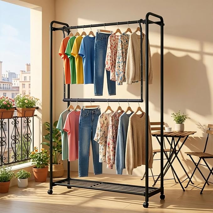 Stepless Extender Closet Hanging Rod - Heavy Duty Closet Rods for Hanging Clothes, Adjustable Width & Height, Space-Saving Matte Black Closet Organizer for Hanging & Drying, Easy to Install