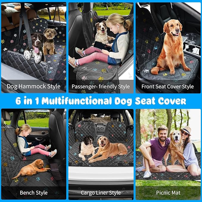 URPOWER 6-in-1 Dog Car Seat Cover for Back Seat, Waterproof Dog Car Hammock with Mesh Window & Side Flap, Pet Backseat Protector for Cars, SUVs, Trucks