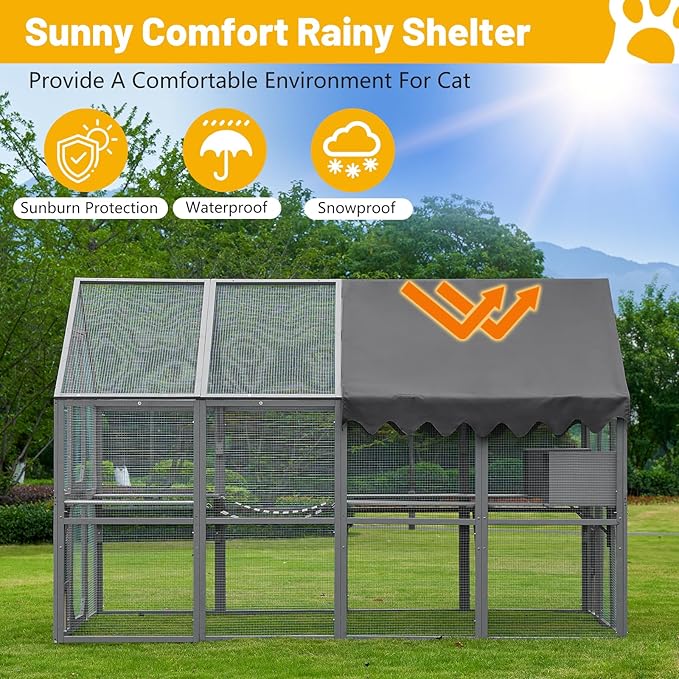LOVMOR 110" Large Outdoor Wooden Catio, Outdoor Cat House Cat Enclosures, Weatherproof Cover roof, Two Small Sliding Doors, 2 x Bridges, 2 x Sleeping Houses, 7 x Cat Walks