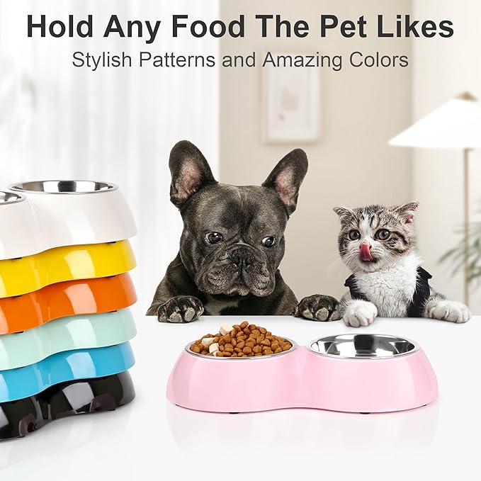 Petvillage Stainless Steel Dog Bowls Set – Dual Non-Slip Pet Dishes with 2 Small (4oz*2) Bowls & Durable Resin Stand,Food & Water Feeder for Kittens– Pink
