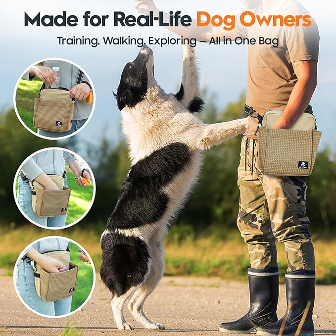 WILDOMS Dog Treat Pouch – Large Capacity with Magnetic Closure, Dog Walking Fanny Pack Built-in Poop Bag Dispenser, Clicker & Collapsible Bowl for Training & Walking - Khaki