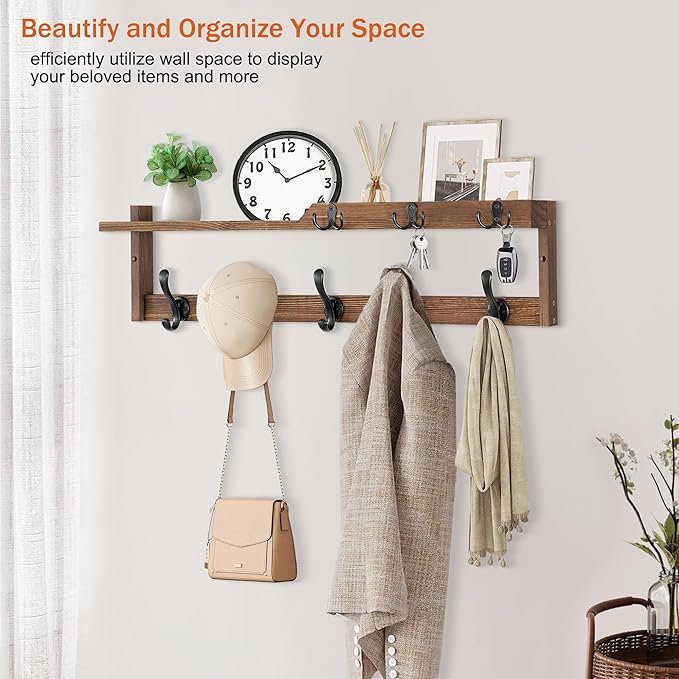 29'' Coat Rack Wall Mount with Shelf, Coat Hanger Wall Mount with Key Hooks and Mail Holder, Wood Entryway Floating Shelf with Hooks and Storage, Hat Rack for Wall Key Holder Mail Organizer