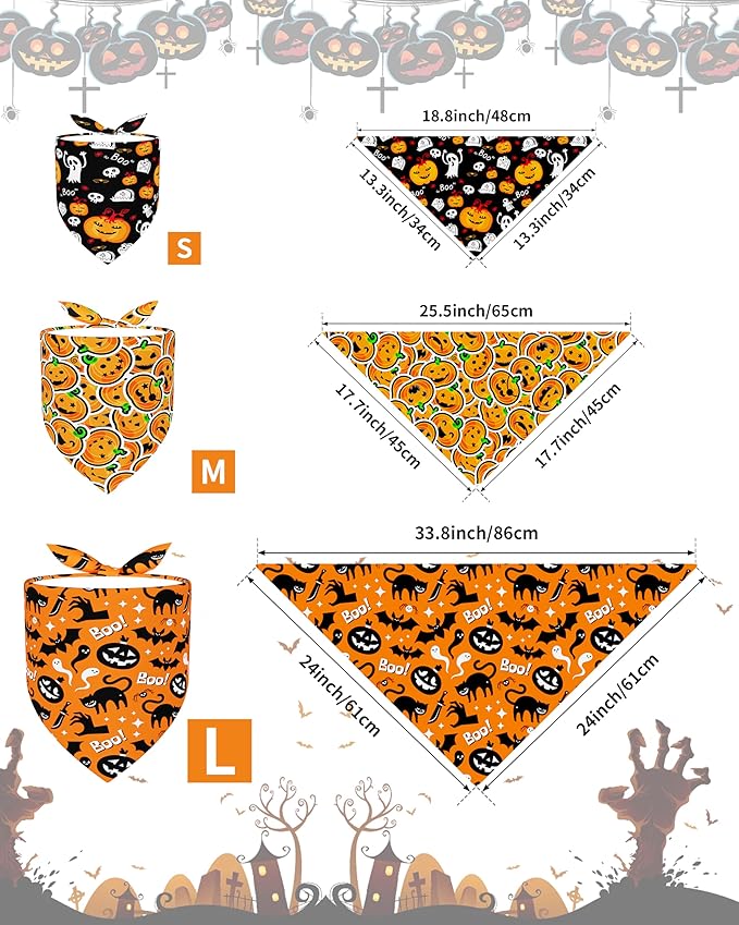 PET SHOW 100 Pack Halloween Small Dog Bandanas Bulk No Seam Pumpkin Ghost Triangle Bibs Scarves for Girl Boy Pets Adjustable Grooming Kerchiefs for Medium Dogs Costume Accessories(Medium)