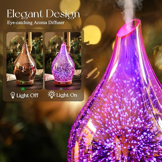 Porseme Essential Oil Diffuser 3D Firework Glass Aromatherapy Ultrasonic Humidifier Rose Gold, Auto Shut-Off, Timer Setting, BPA Free, Aroma Decoration for Home, Office, Gym, Spa, Premium Gift 150ml