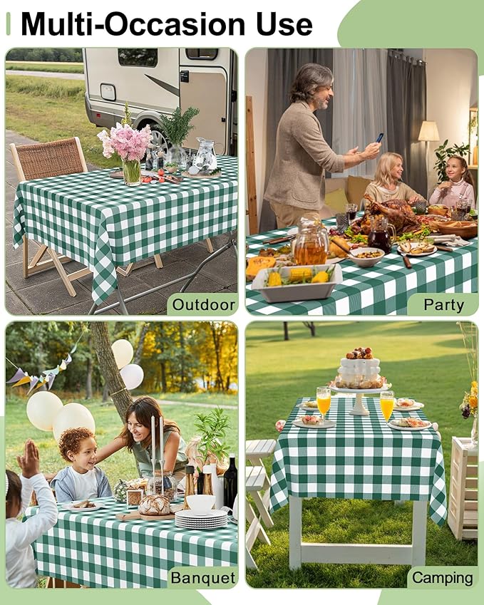Smiry 8 Packs Gingham Disposable Table Cloth, 54 x 108 Inch Waterproof Plastic Tablecloth, Rectangle Hunter Green and White Checkered Table Covers for Picnic, Birthday, Party