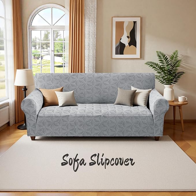 YEMYHOM 1 Piece Stretch Couch Covers for 2 Cushion Couch, Jacquard Loveseat Cover with Non-Slip Elastic Bottom, Thickened Slipcover Furniture Protector for Dogs Pets (Medium, Light Gray)